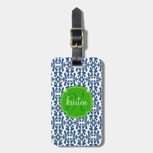 Modern Blue Arabesque Damask Green op maat Bagagelabel (Voorkant verticaal)