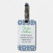 Modern Blue Arabesque Damask Green op maat Bagagelabel (Achterkant verticaal)