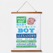 Modern Blue Baby Boy Photo Birth Announcement Hangend Wandkleed (Voorkant)