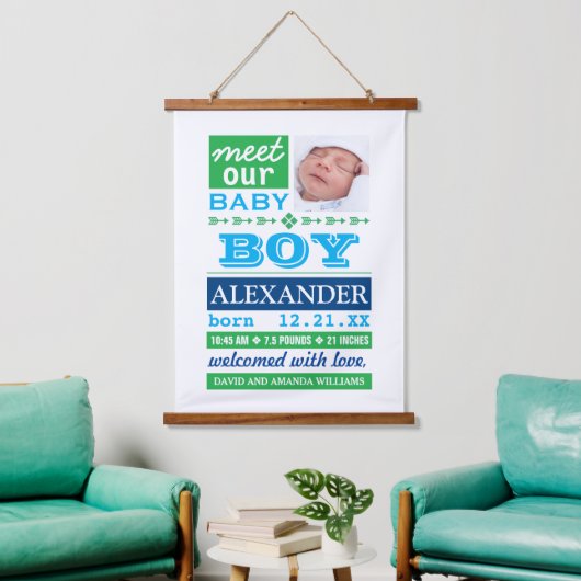 Modern Blue Baby Boy Photo Birth Announcement Hangend Wandkleed (Woonkamer)