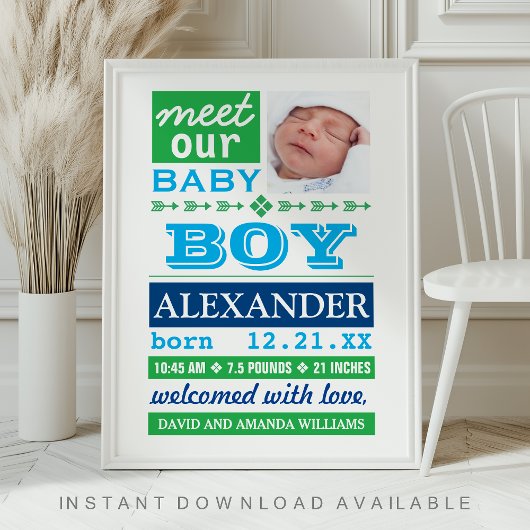 Modern Blue Baby Boy Photo Birth Announcement Poster