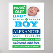 Modern Blue Baby Boy Photo Birth Announcement Poster (Voorkant)