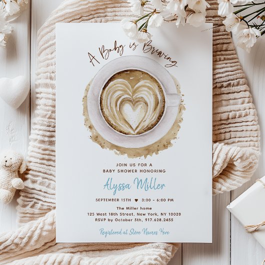 Modern Blue Baby Is Brewing Coffee Baby Shower Kaart