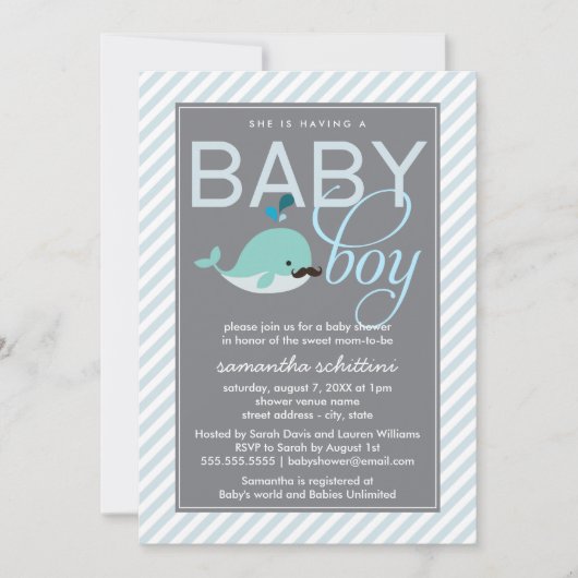 Modern Blue Baby shower Boy Little Whale Mustache Kaart (Voorkant)
