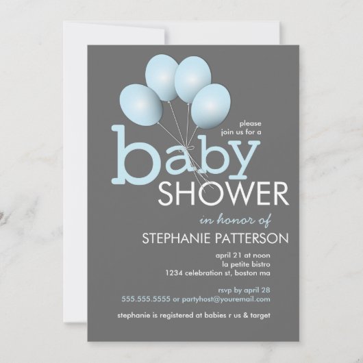 Modern Blue Balloon Boy Baby shower Invitation Kaart (Voorkant)