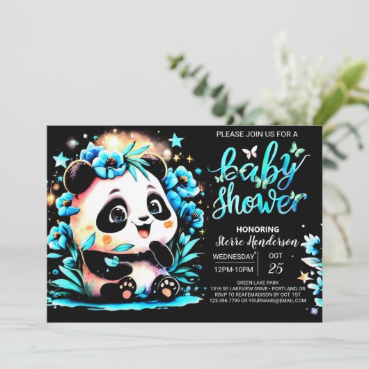 Modern Blue Bamboo Panda Boy Baby shower Kaart (Staand voorkant)