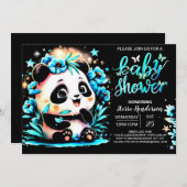 Modern Blue Bamboo Panda Boy Baby shower Kaart (Voorkant / Achterkant)