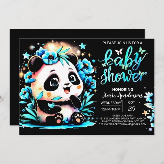 Modern Blue Bamboo Panda Boy Baby shower Kaart (Voorkant / Achterkant)