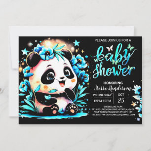 Modern Blue Bamboo Panda Boy Baby shower Kaart