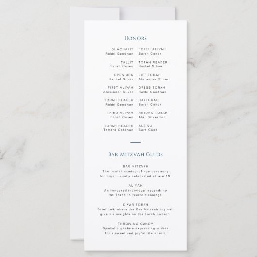 Modern Blue Bar Mitswa Programma Kaart Tijdlijn (Achterkant)