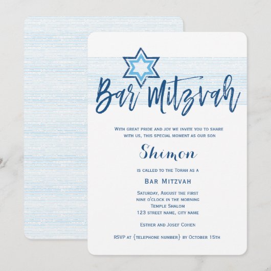 Modern Blue Bar Mitzvah Invitation Kaart (Voorkant / Achterkant)