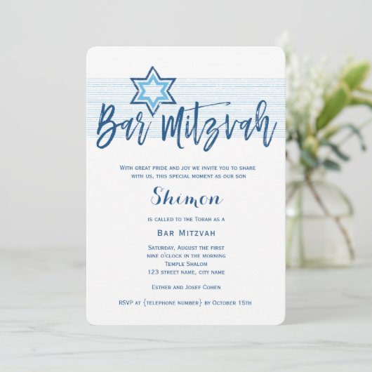 Modern Blue Bar Mitzvah Invitation Kaart (Staand voorkant)
