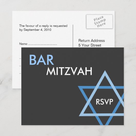 Modern Blue Bar Mitzvah RSVP-Briefkaart Uitnodiging Briefkaart (Voorkant / Achterkant)