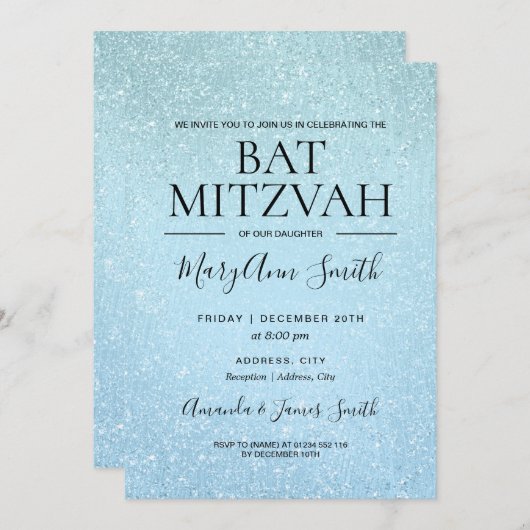 Modern Blue Bat Mitzvah Faux Glitter Paint Kaart (Voorkant / Achterkant)