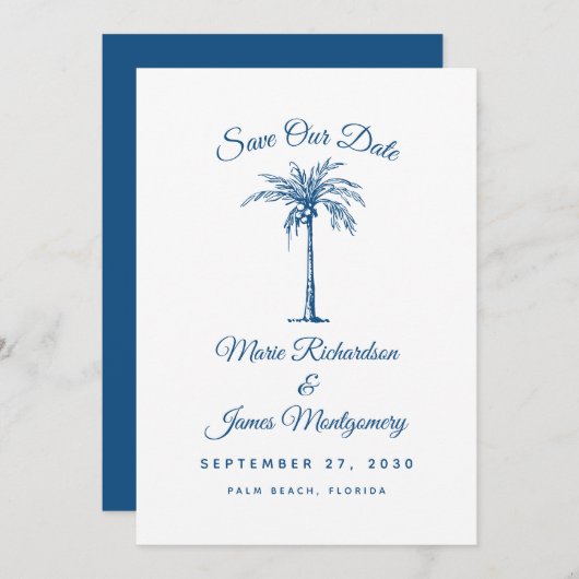 Modern Blue Beach Wedding Save the Date (Voorkant / Achterkant)