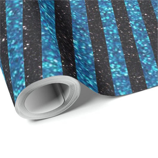 Modern Blue Black Glitter Stripes Pattern Cadeaupapier (Rol Hoek)