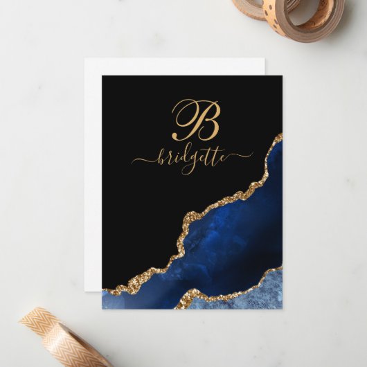 Modern Blue Black Gold Agate Geode Notitiekaartje (Voorkant / Achterkant in situ)