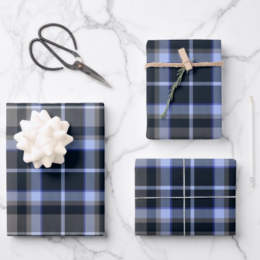 Modern Blue Black Pset Tartan Patroon Inpakpapier Vel (Voorkant)