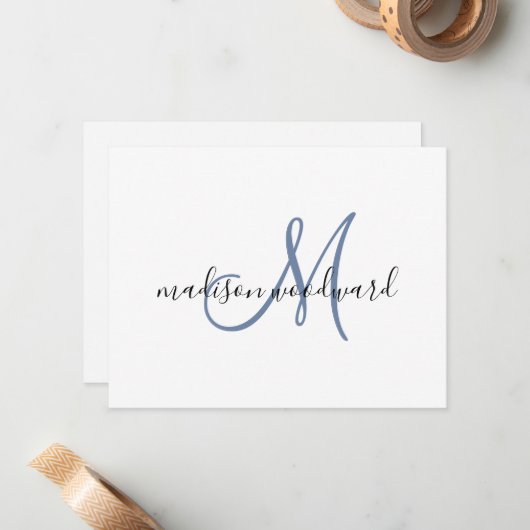 Modern Blue Black Script Monogram Note Kaart Notitiekaartje (Voorkant / Achterkant in situ)