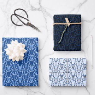 Modern Blue Black White Japanse golf Inpakpapier Vel