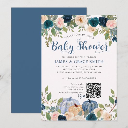Modern Blue Blush Pink Floral Baby shower Kaart (Voorkant / Achterkant)
