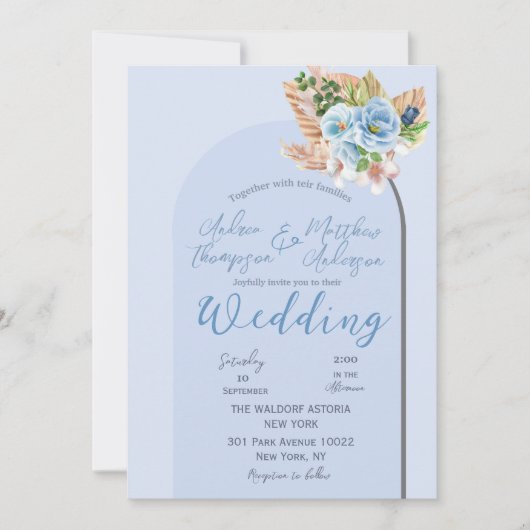 Modern Blue Boho Arch Pampass Grass Floral Wedding Kaart (Voorkant)