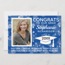 Modern Blue Bokeh Bubbles Photo Afstuderen Kaart