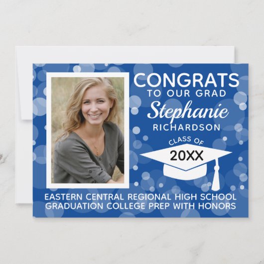 Modern Blue Bokeh Bubbles Photo Afstuderen Kaart (Voorkant)