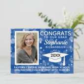 Modern Blue Bokeh Bubbles Photo Afstuderen Kaart (Staand voorkant)