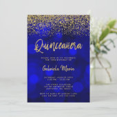 Modern Blue Bokeh Gold Glitter Quinceanera Kaart (Staand voorkant)