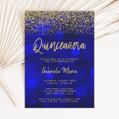 Modern Blue Bokeh Gold Glitter Quinceanera Kaart