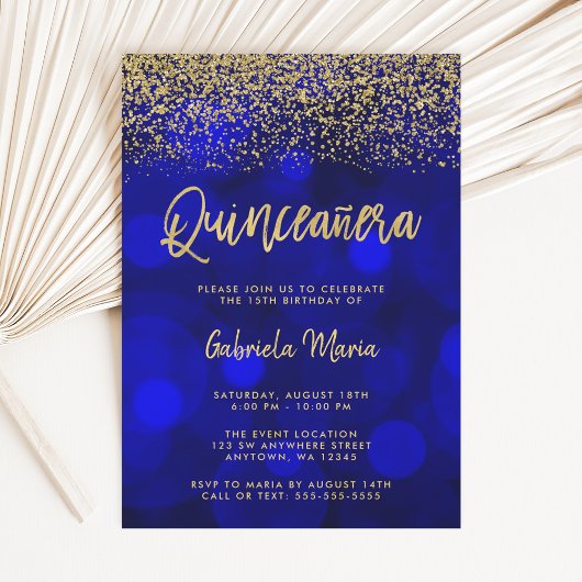 Modern Blue Bokeh Gold Glitter Quinceanera Kaart