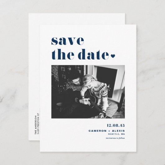 Modern Blue Bold Typography Photo Save the Date Aankondigingskaart (Voorkant / Achterkant)