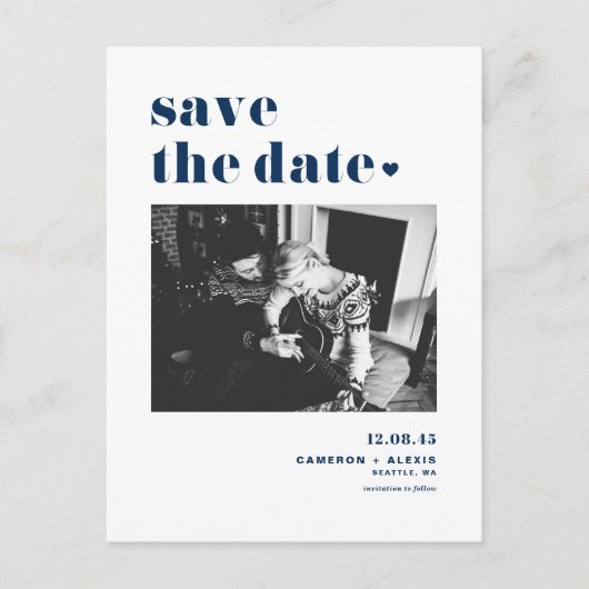 Modern Blue Bold Typography Photo Save the Date Aankondigingskaart (Voorkant)
