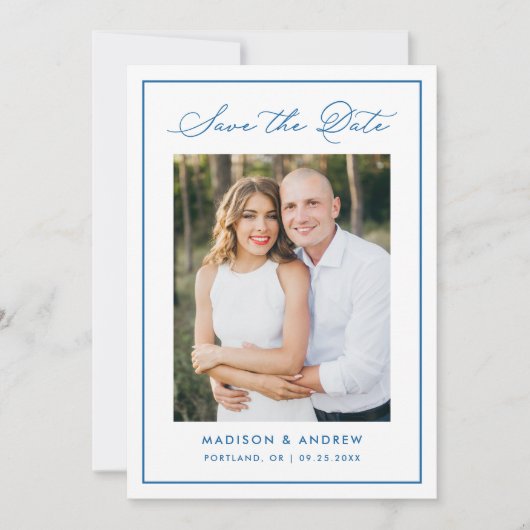 Modern Blue Border Script Photo Wedding Save The Date (Voorkant)