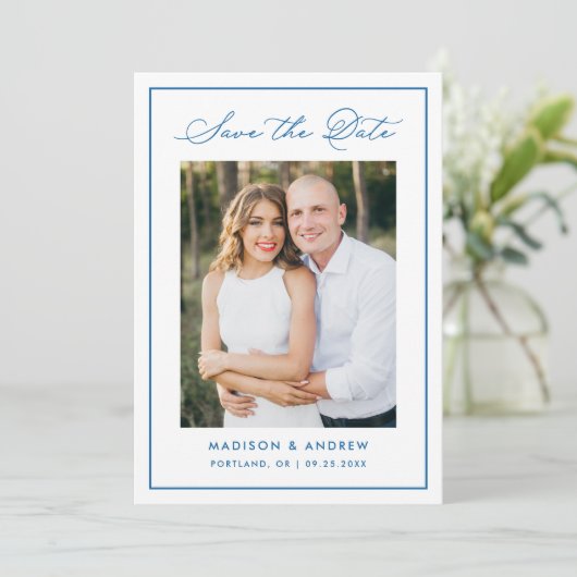 Modern Blue Border Script Photo Wedding Save The Date (Staand voorkant)