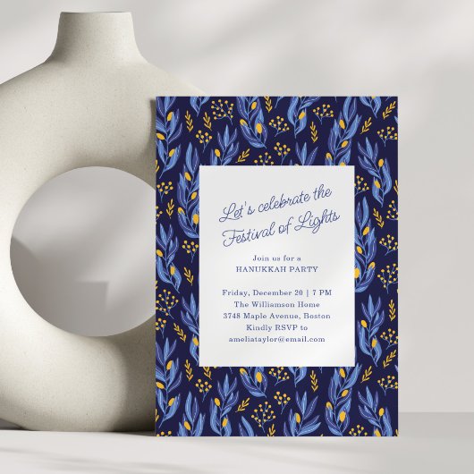 Modern Blue Botanical Family Hanukkah Party Kaart