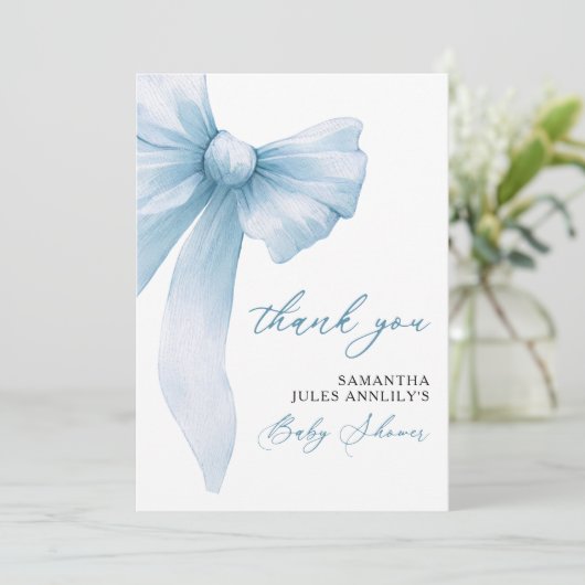 Modern Blue Bow Baby shower Bedankt (Staand voorkant)