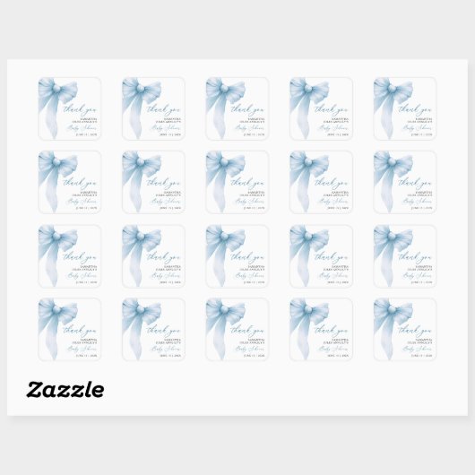 Modern Blue Bow Baby shower Bedankt Vierkante Sticker (Vel)