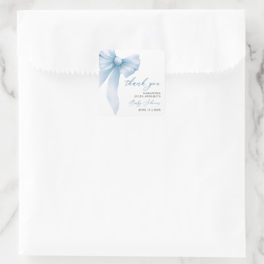 Modern Blue Bow Baby shower Bedankt Vierkante Sticker (Tas)