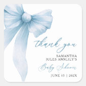 Modern Blue Bow Baby shower Bedankt Vierkante Sticker (Voorkant)