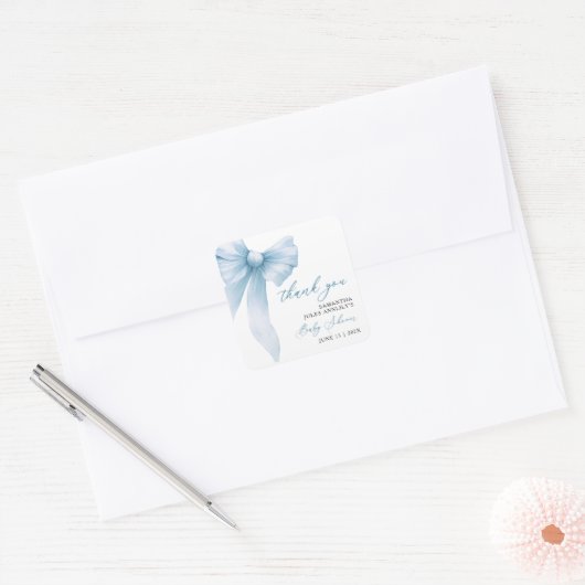 Modern Blue Bow Baby shower Bedankt Vierkante Sticker (Envelop)