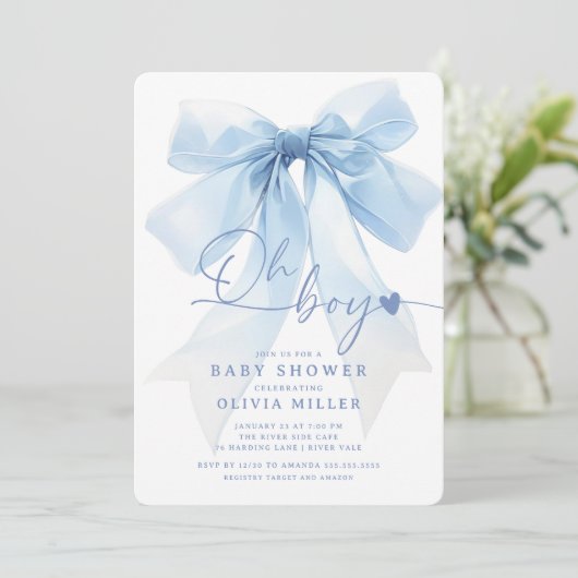 Modern Blue Bow Baby shower Kaart (Staand voorkant)