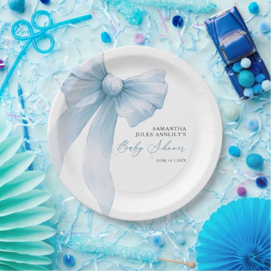 Modern Blue Bow Baby shower Papieren Bordje (Feest)