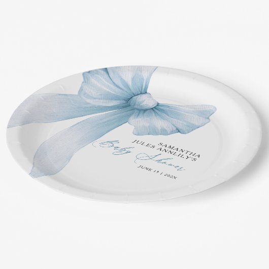 Modern Blue Bow Baby shower Papieren Bordje (Gekanteld)