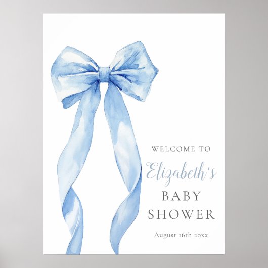 Modern Blue Bow Baby shower Welkomstbord Poster (Voorkant)