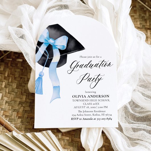 Modern Blue Bow Graduation Cap Afstuderen gebogen Kaart