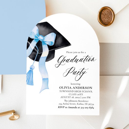 Modern Blue Bow Graduation Cap Afstuderen gebogen Kaart