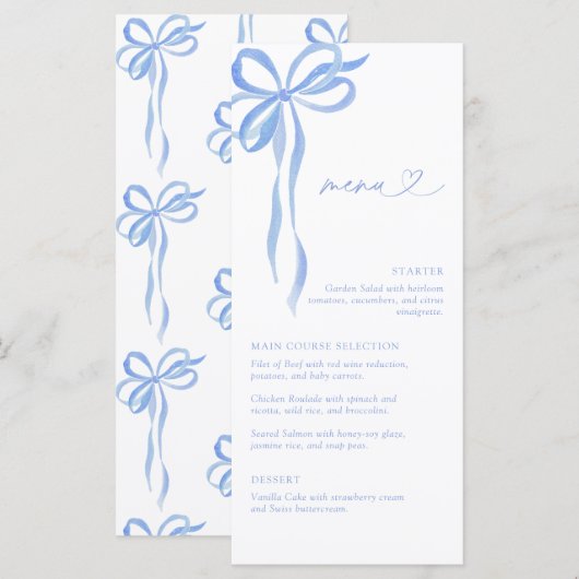 Modern Blue Bow Watercolor Script Bridal Shower Menu (Voorkant / Achterkant)