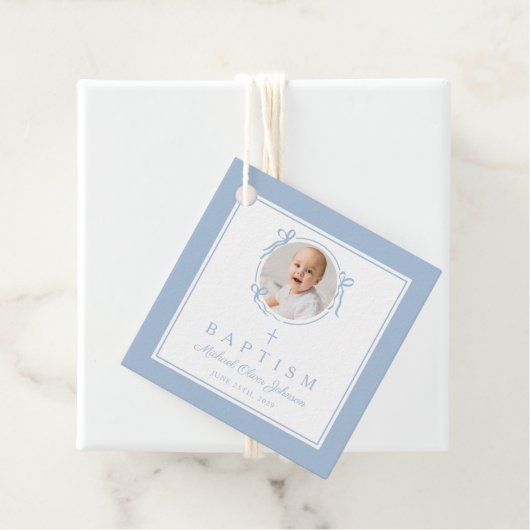 Modern Blue Boy Baptism Photo Bedankjes Labels (In situ)